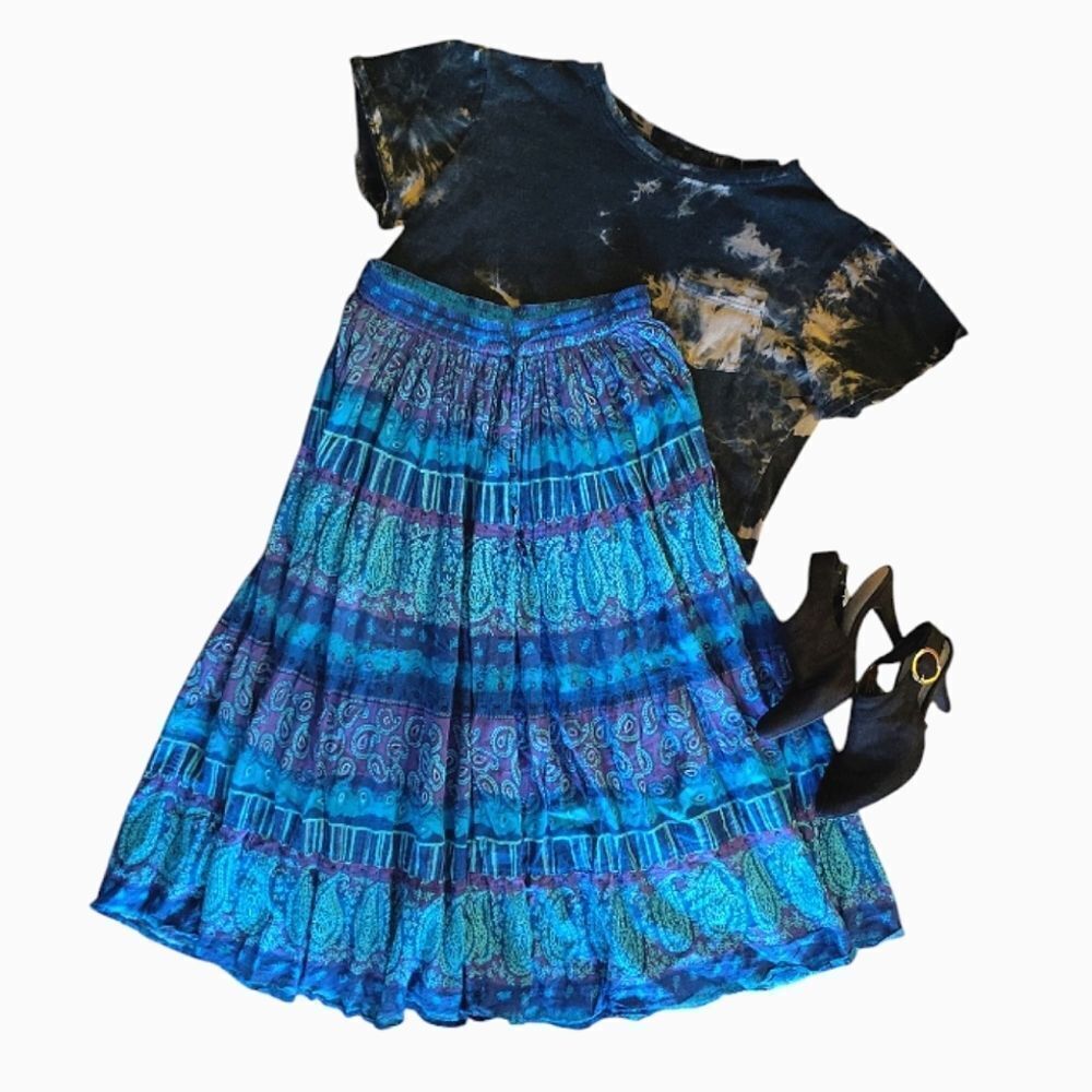 VTG 80s Blue Teal Purple Paisley Print Cotton Broomstick Midi Skirt Medium - Picture 3 of 13